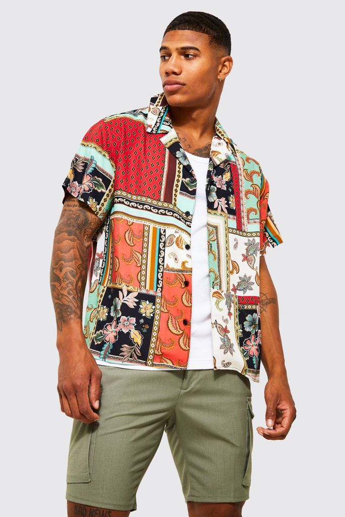 Men's Short Sleeve Boxy Baroque Viscose Revere Shirt - Multi - L, Multi