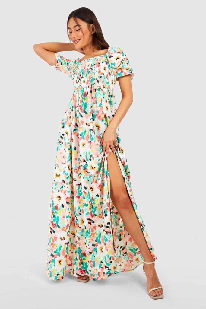 Womens Floral Square Neck Shirred Maxi Dress - Multi - 8, Multi