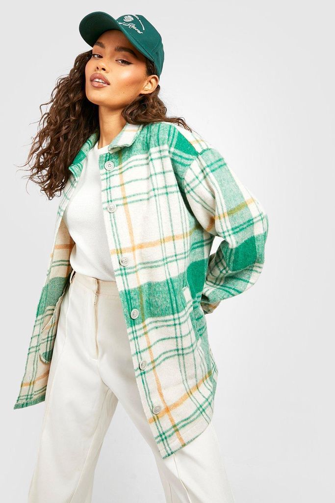 Womens Oversized Button Up Check Shacket - Green - 8, Green