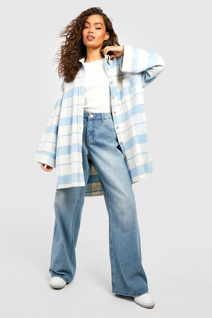 Womens Oversized Wide Sleeve Check Shacket - Blue - 8, Blue