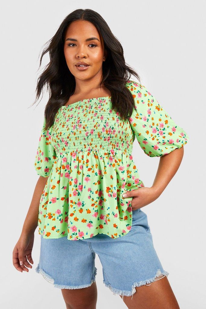 Womens Plus Floral Puff Sleeve Shirred Smock Top - Green - 16, Green
