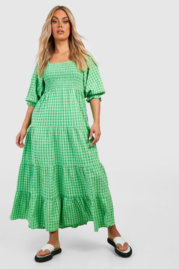 Womens Plus Gingham Print Midaxi Dress - Green - 16, Green