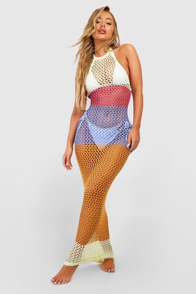 Womens Colour Block Stripe Crochet Maxi Beach Dress - Multi - S, Multi