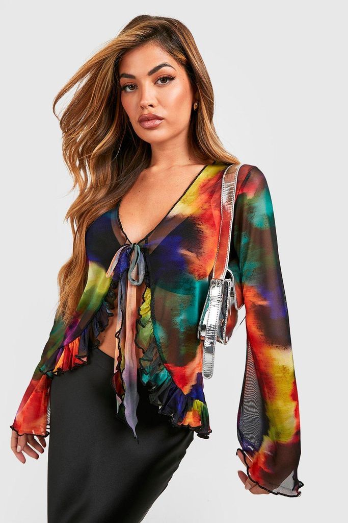 Womens Blurred Abstract Printed Mesh Tie Front Ruffle Top - Multi - 6, Multi