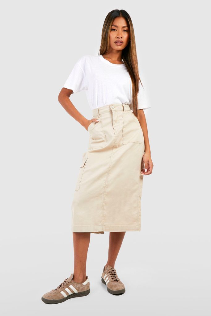 Womens Denim Cargo Midi Skirt - Cream - S, Cream