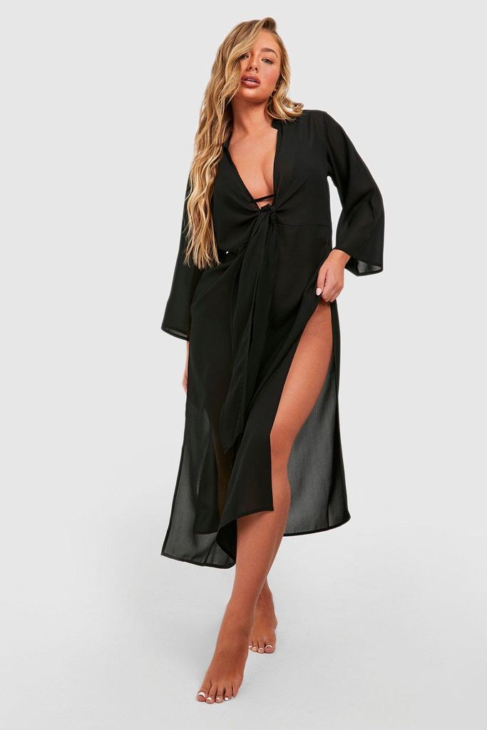 Womens Knot Front Split Sides Beach Kaftan - Black - S, Black