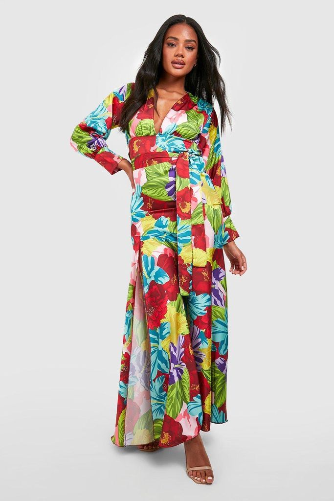 Womens Printed Satin Side Split Belted Maxi Dress - Multi - 8, Multi