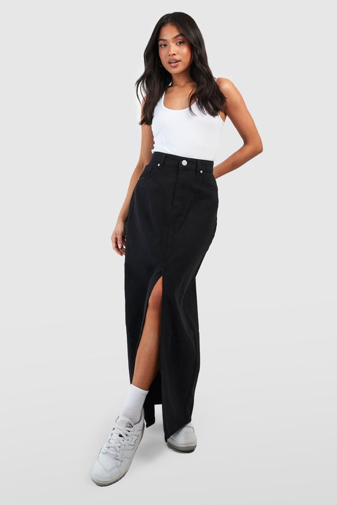 Womens Petite Denim Split Front Maxi Skirt - Black - 4, Black