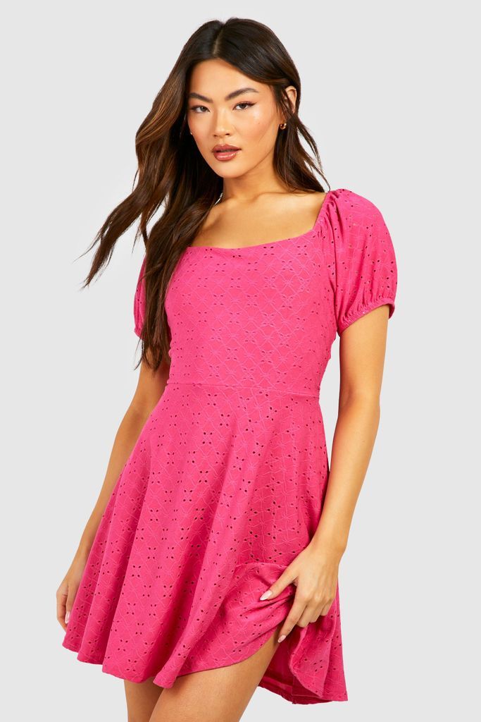 Womens Soft Broderie Puff Sleeve Skater Dress - Pink - 8, Pink