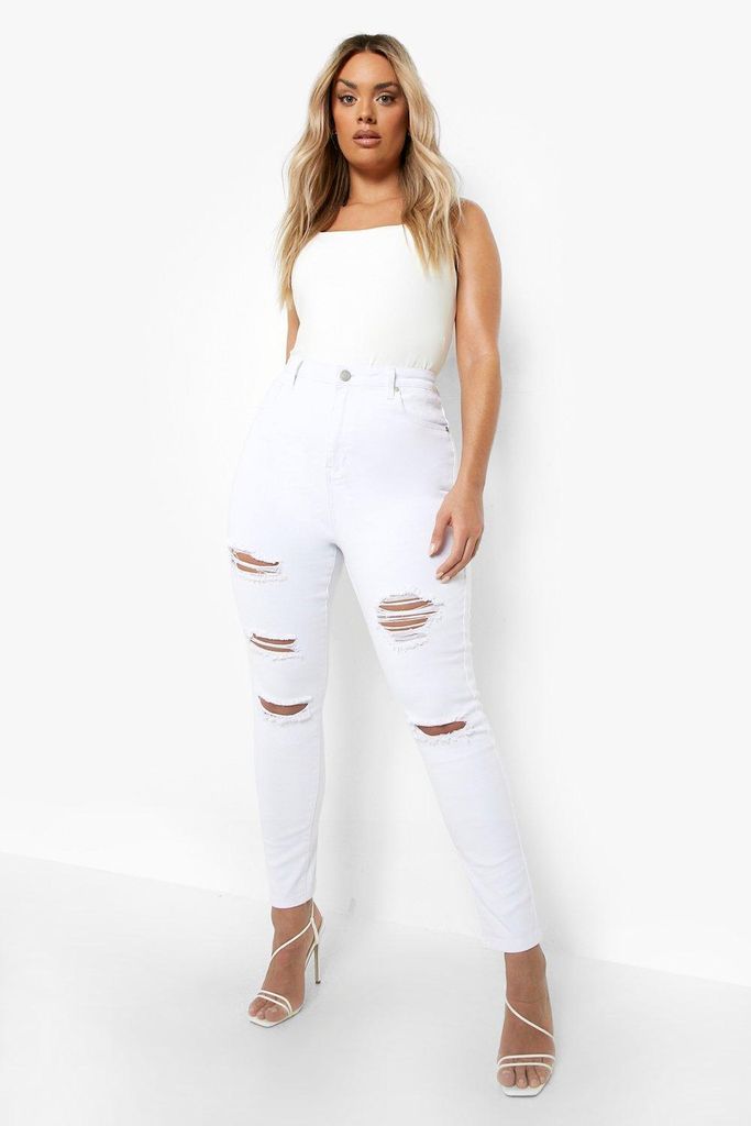 Womens Plus Super Distressed High Waist Skinny Jeans - White - 28, White