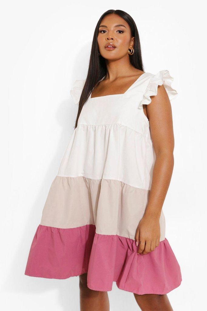 Womens Plus Colour Block Tiered Smock Dress - Pink - 22, Pink