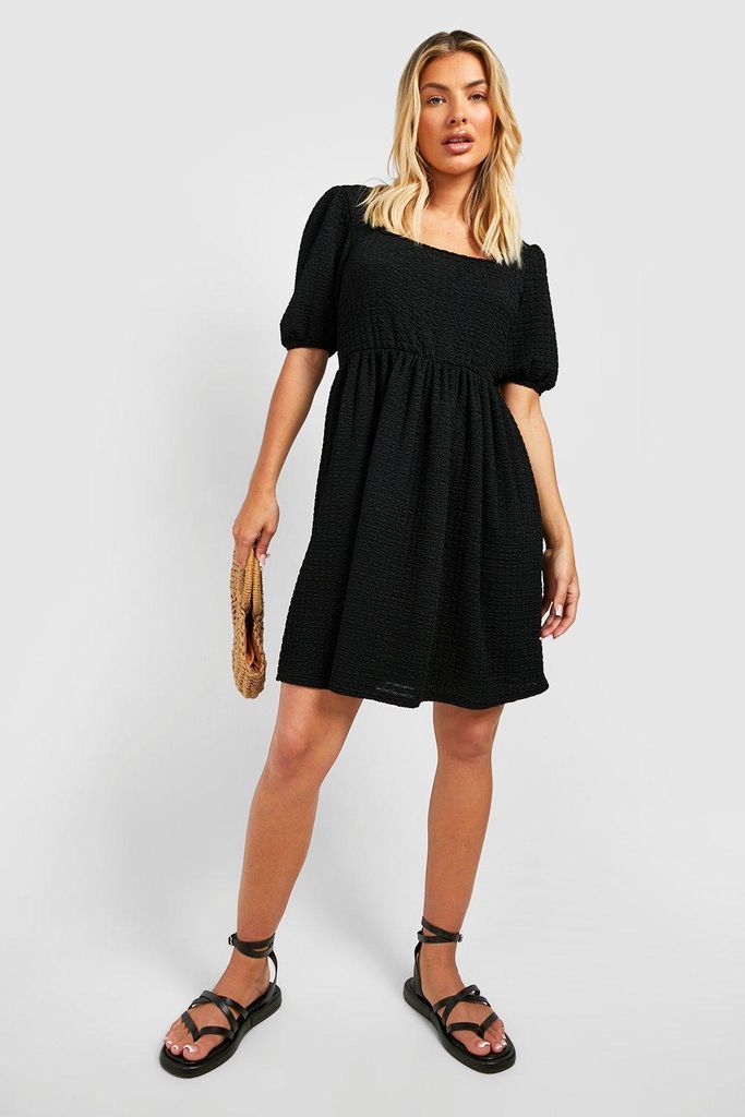 Womens Textured Bubble Puff Sleeve Smock Dress - Black - 8, Black
