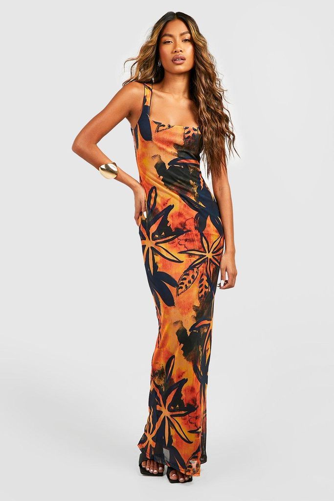 Womens Tropical Mesh Printed Maxi Dress - Orange - 16, Orange