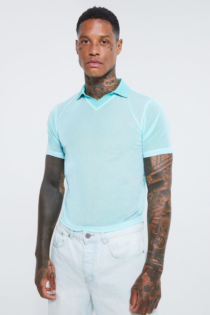 Men's Slim Fit Cropped Mesh Polo Shirt - Blue - S, Blue