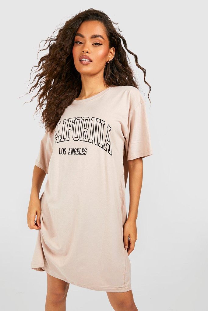 Womens California Printed T-Shirt Dress - Beige - 8, Beige