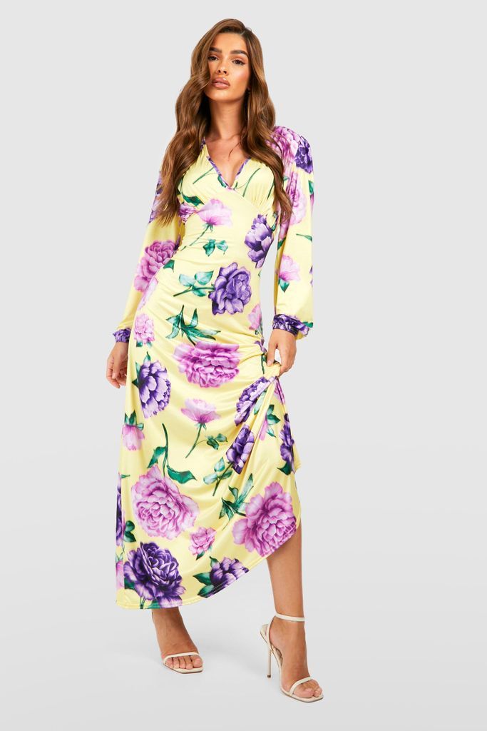 Womens Floral Plunge Maxi Dress - Yellow - 8, Yellow