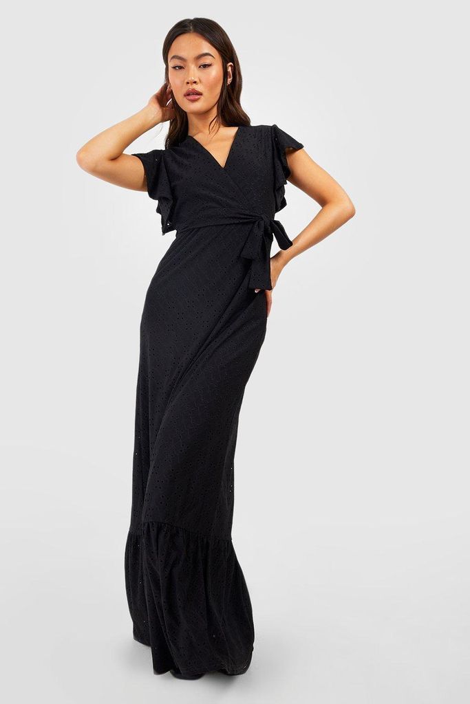 Womens Soft Broderie Ruffle Sleeve Maxi Dress - Black - 8, Black