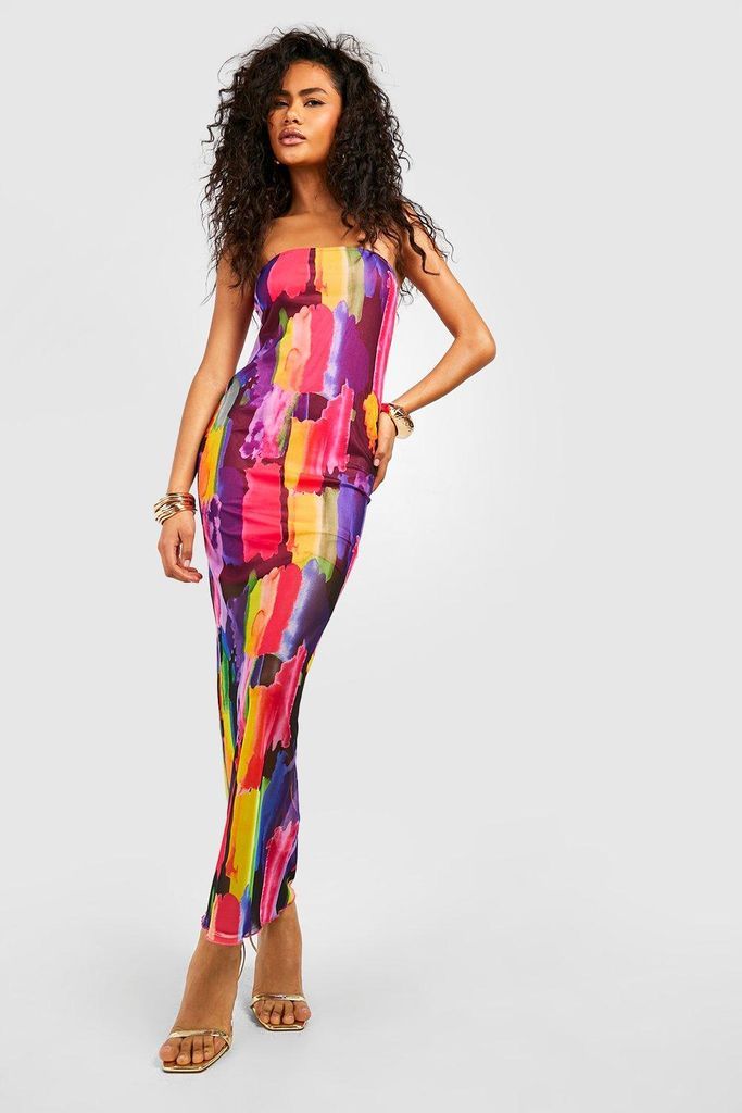 Womens Abstract Printed Mesh Bandeau Maxi Dress - Multi - 8, Multi