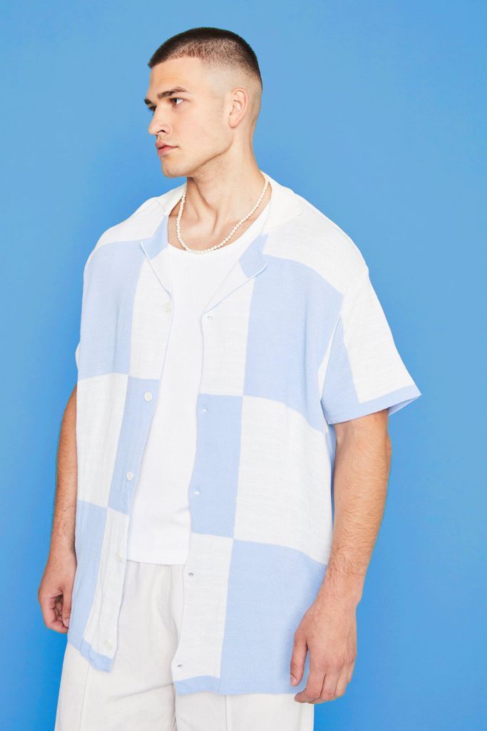 Men's Tall Checkerboard Short Sleeve Knitted Shirt - Blue - L, Blue