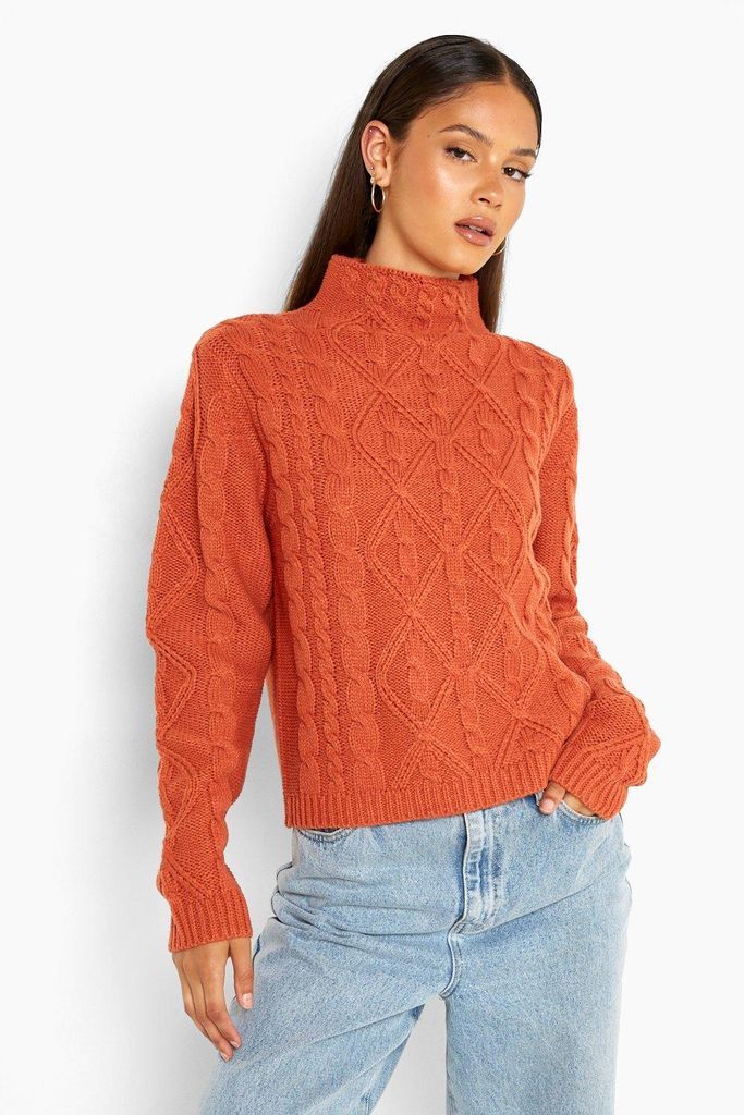 Womens Chunky Cable Knitted Jumper - Orange - M, Orange