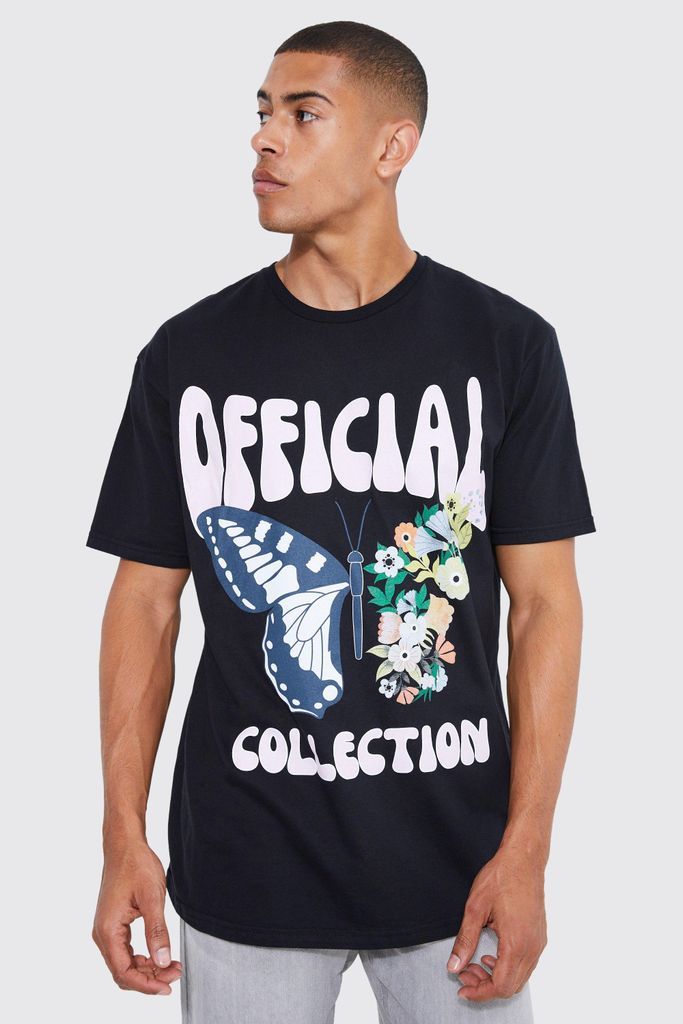 Men's Oversized Official Floral Butterfly T-Shirt - Black - S, Black