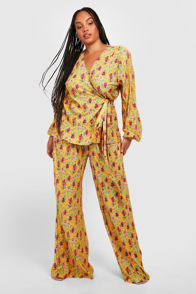 Womens Plus Floral Plisse Trousers - Yellow - 28, Yellow