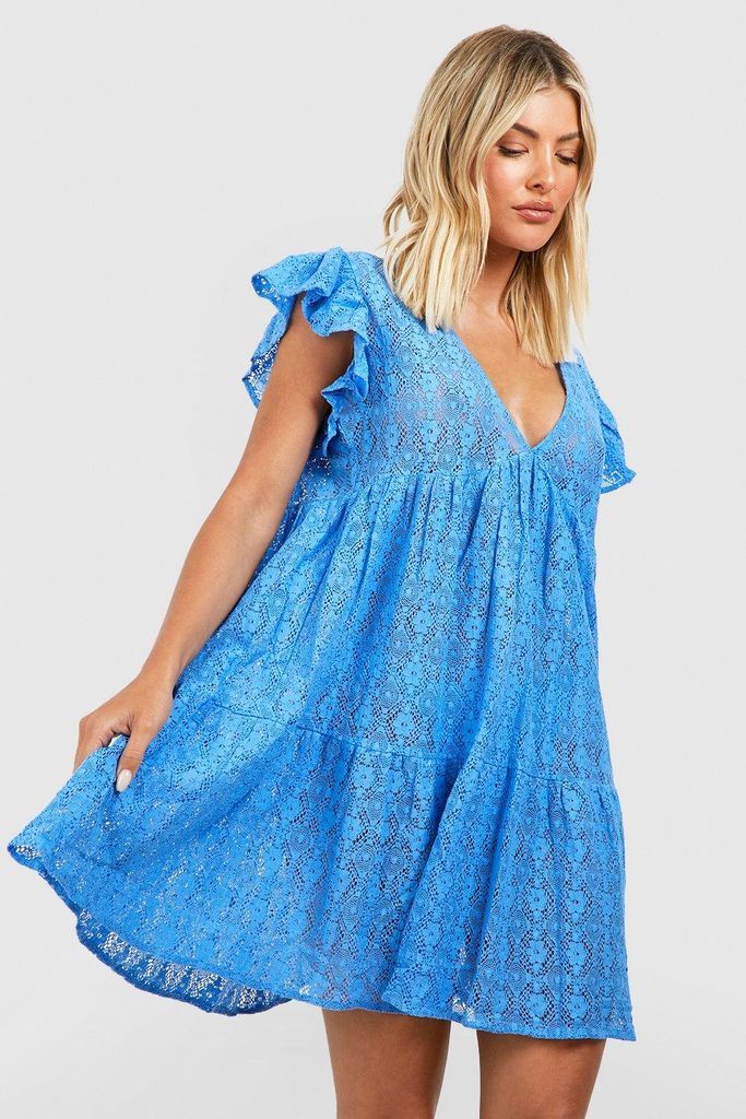 Womens Lace Ruffle Plunge Beach Mini Dress - Blue - S, Blue