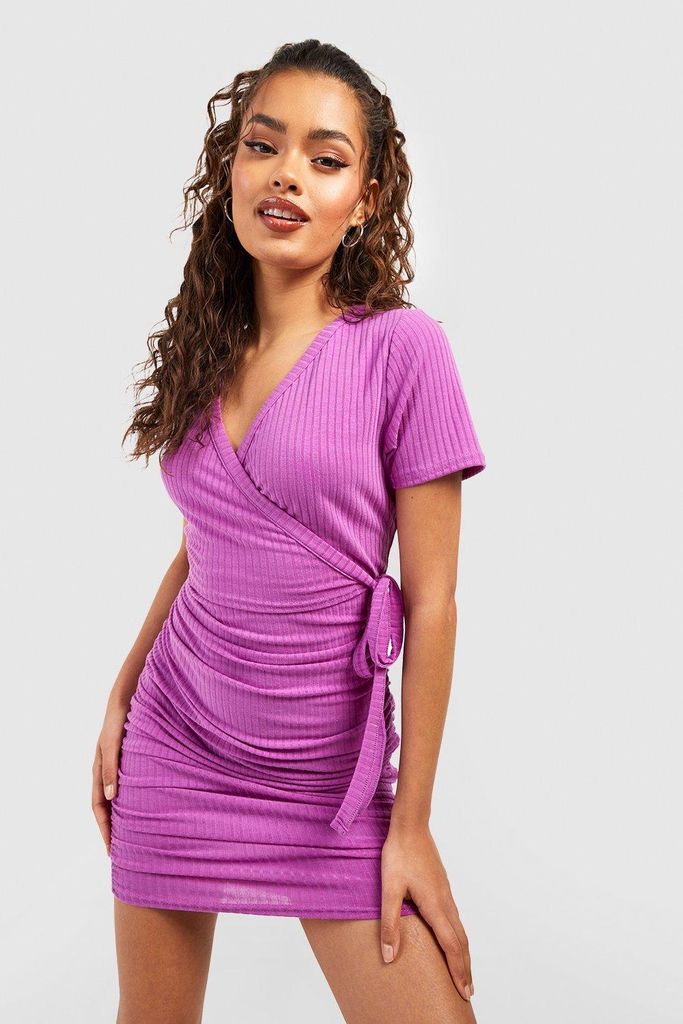 Womens Soft Rib Wrap Ruched Dress - Purple - 8, Purple