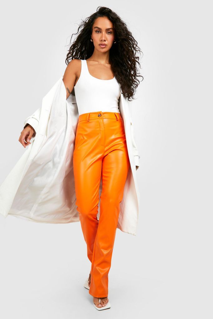 Womens Slim Leg Leather Look Trousers - Orange - 6, Orange