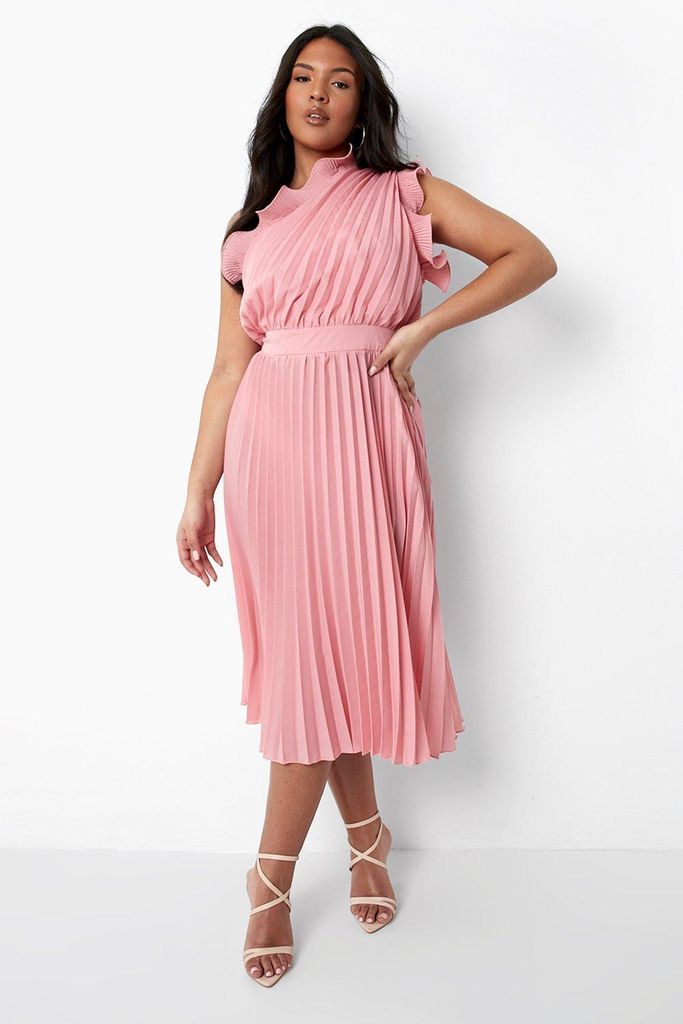 Womens Plus Pleated Ruffle One Shoulder Midi Dress - Pink - 16, Pink