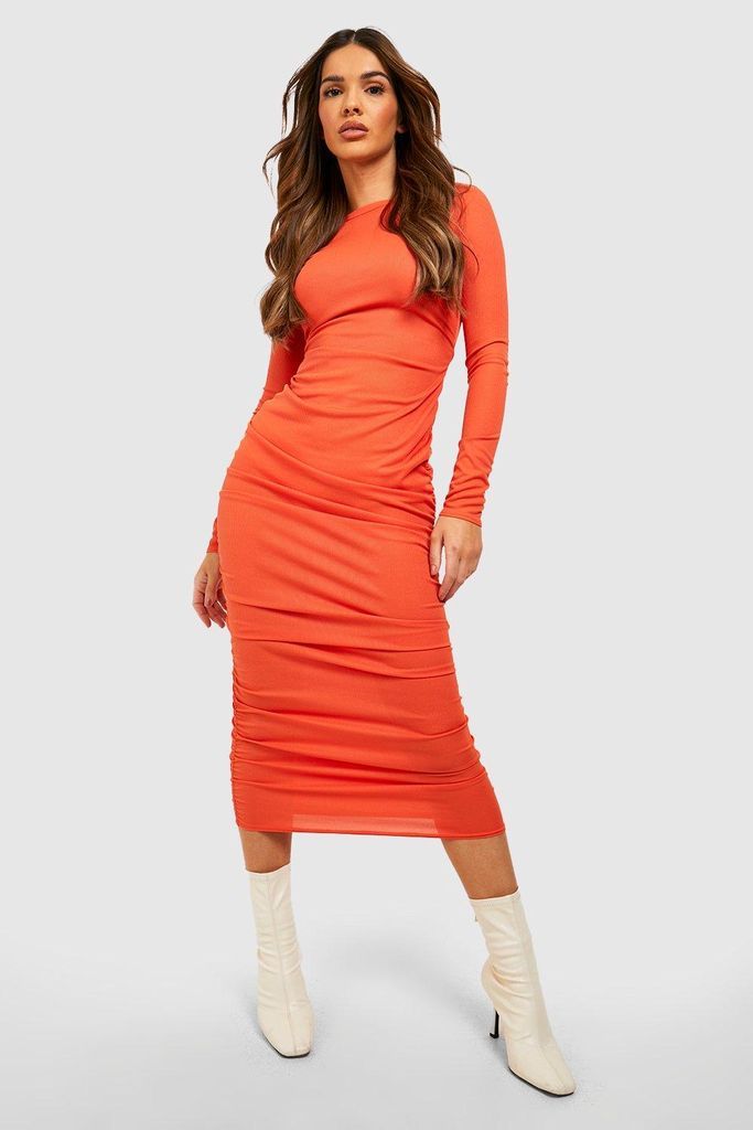 Womens Rib Long Sleeve Ruched Midi Dress - Orange - 8, Orange