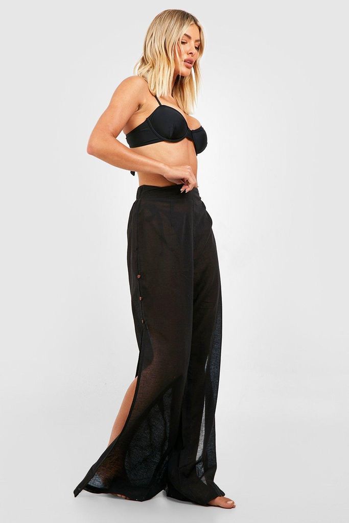 Womens Linen Look Button Split Sides Beach Trousers - Black - S, Black