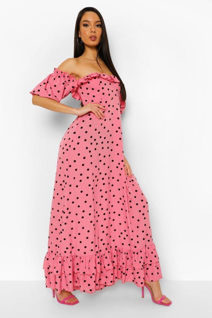 Womens Polka Dot Bardot Puff Sleeve Maxi Dress - Pink - 8, Pink