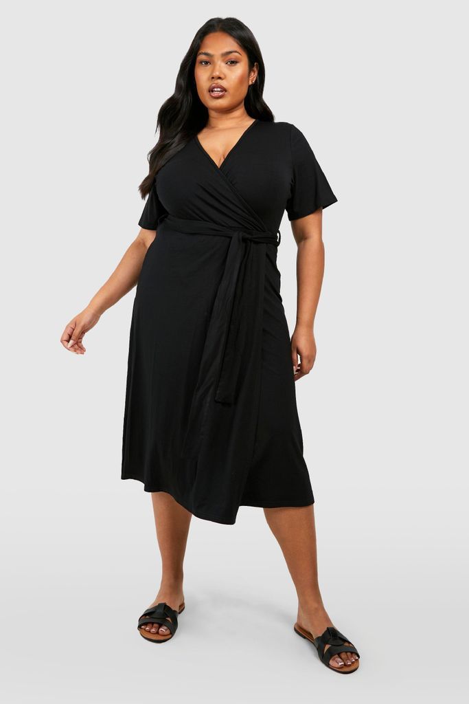 Womens Plus Jersey Tie Belt Wrap Midi Dress - Black - 26, Black
