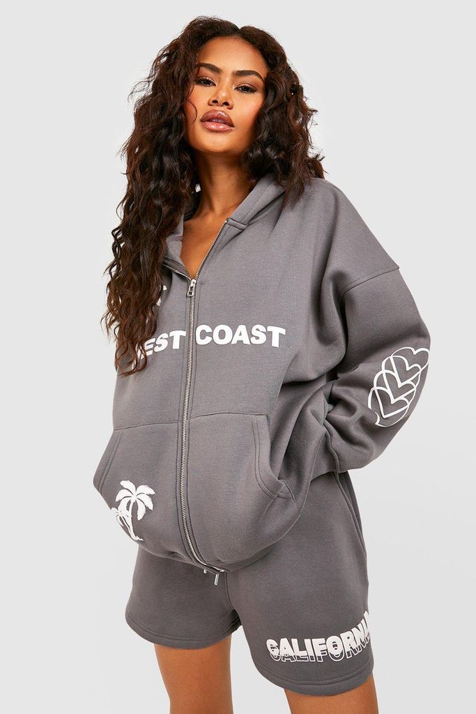 Womens West Coast Slogan Zip Through Short Tracksuit - Grey - Xs, Grey