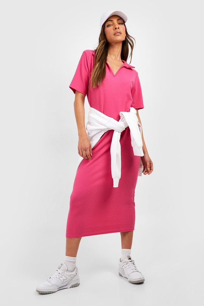 Womens Ripple Rib Collar Column Midi Dress - Pink - 8, Pink