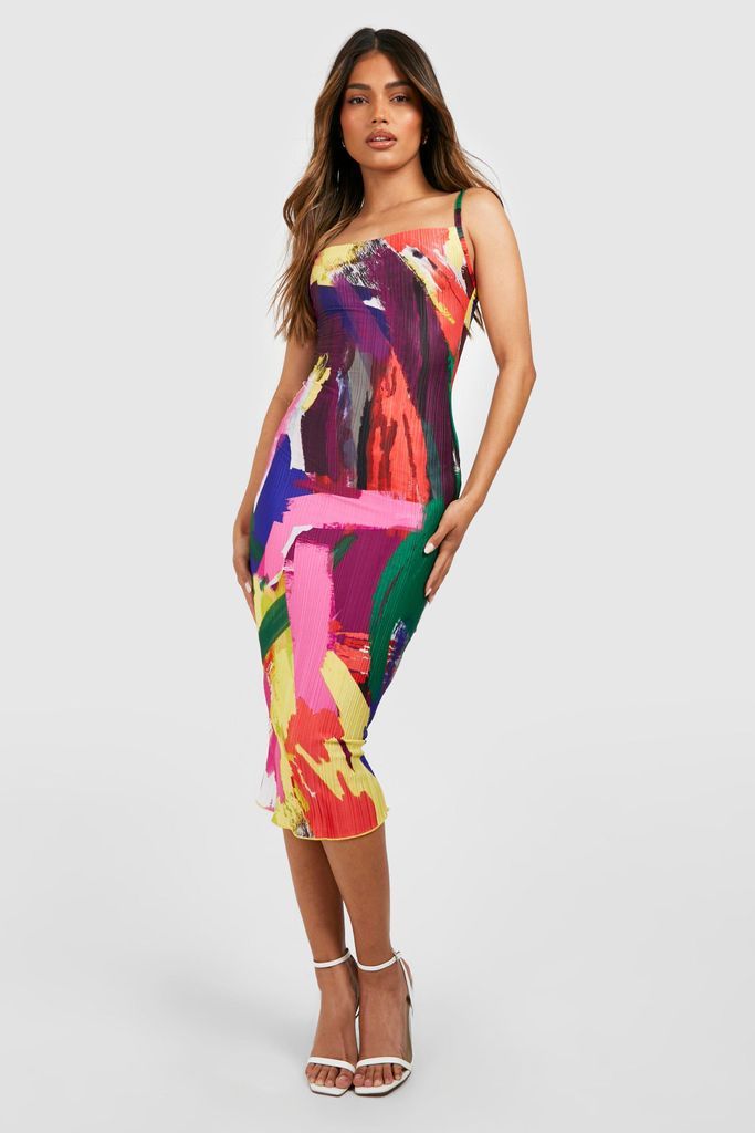 Womens Abstract Plisse Cowl Neck Midi Dress - Multi - 8, Multi