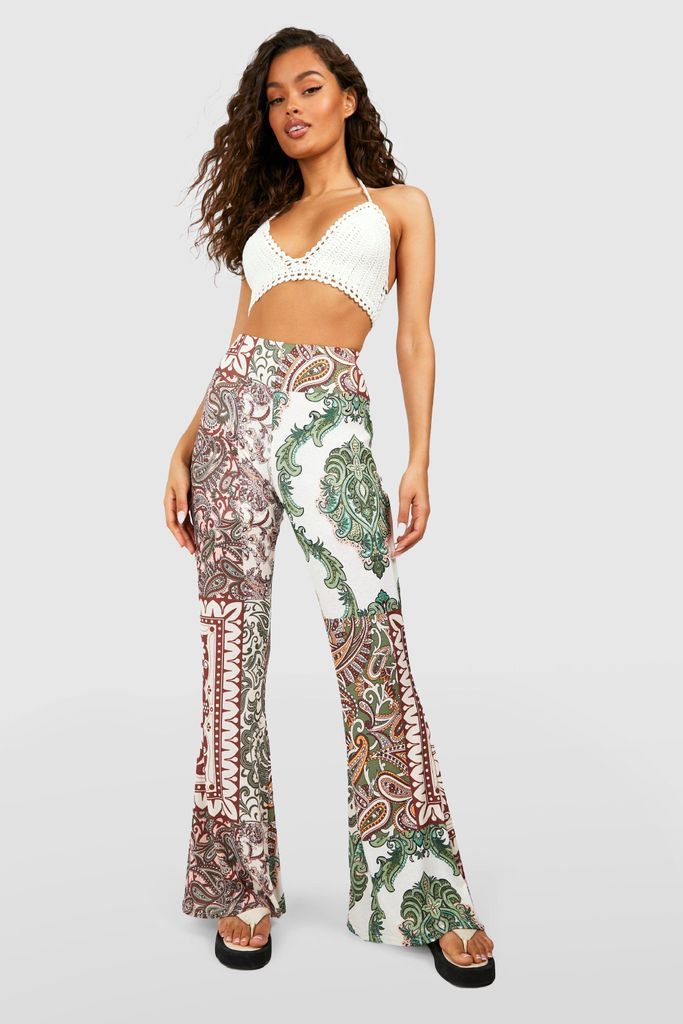 Womens Boho Printed Flared Trousers - Green - 6, Green