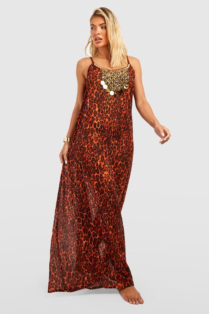 Womens Leopard Print Beaded Beach Maxi Dress - Multi - S, Multi