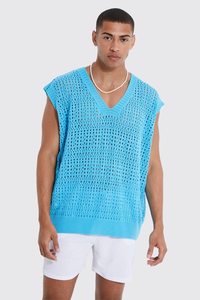 Men's Oversized Crochet Jumper Vest - Blue - L, Blue