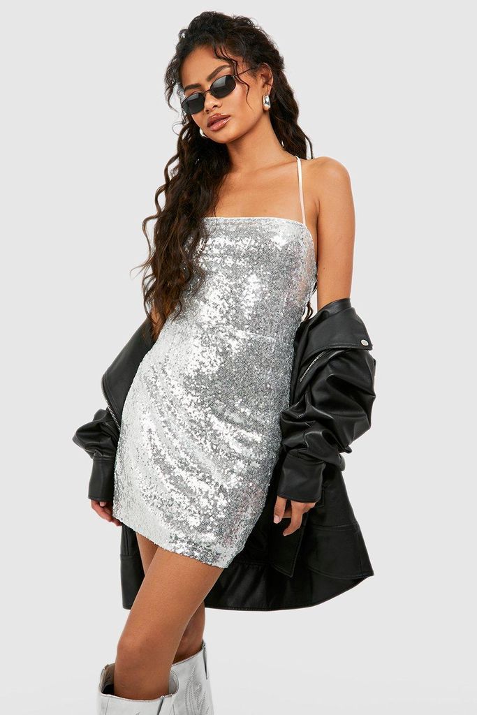 Womens Sequin Strappy Back Bodycon Party Dress - Grey - 10, Grey