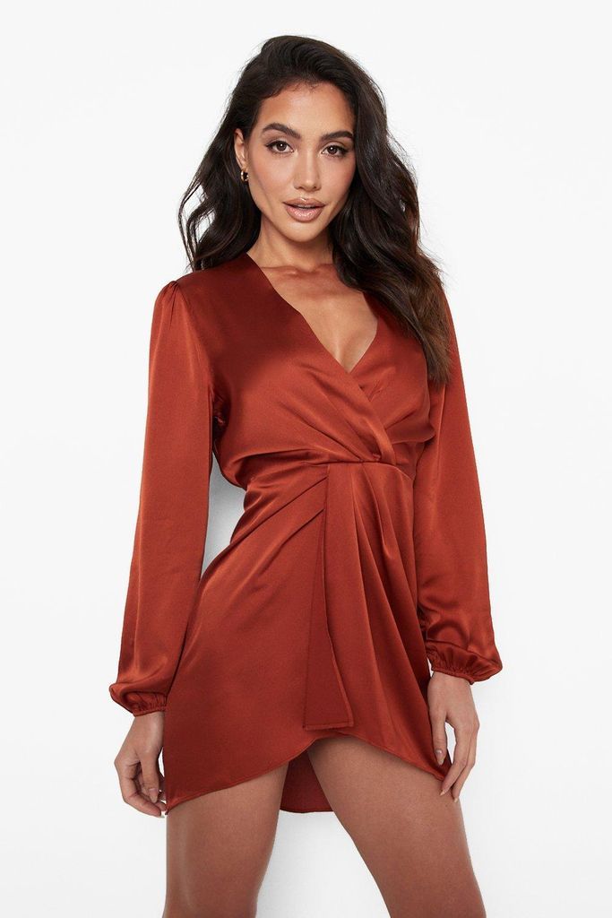 Womens Satin Blouson Sleeve Wrap Shift Dress - Brown - 10, Brown
