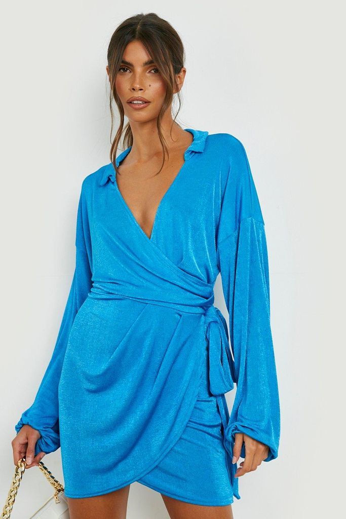 Womens Acetate Slinky Collared Wrap Mini Dress - Blue - 8, Blue