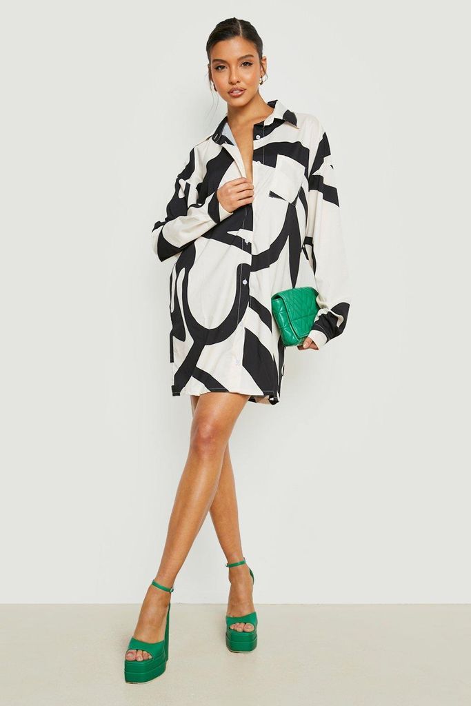 Womens Abstract Print Relaxed Fit Shirt Dress - Black - 8, Black