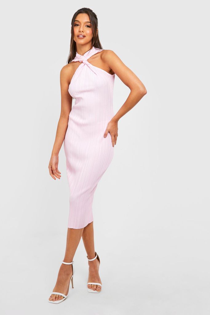 Womens Premium Plisse Twist Front Midi Dress - Pink - 16, Pink