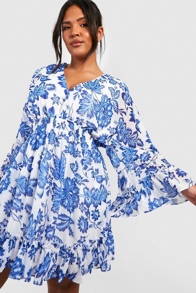 Womens Plus Floral Wrap Extreme Sleeve Smock Dress - Blue - 28, Blue
