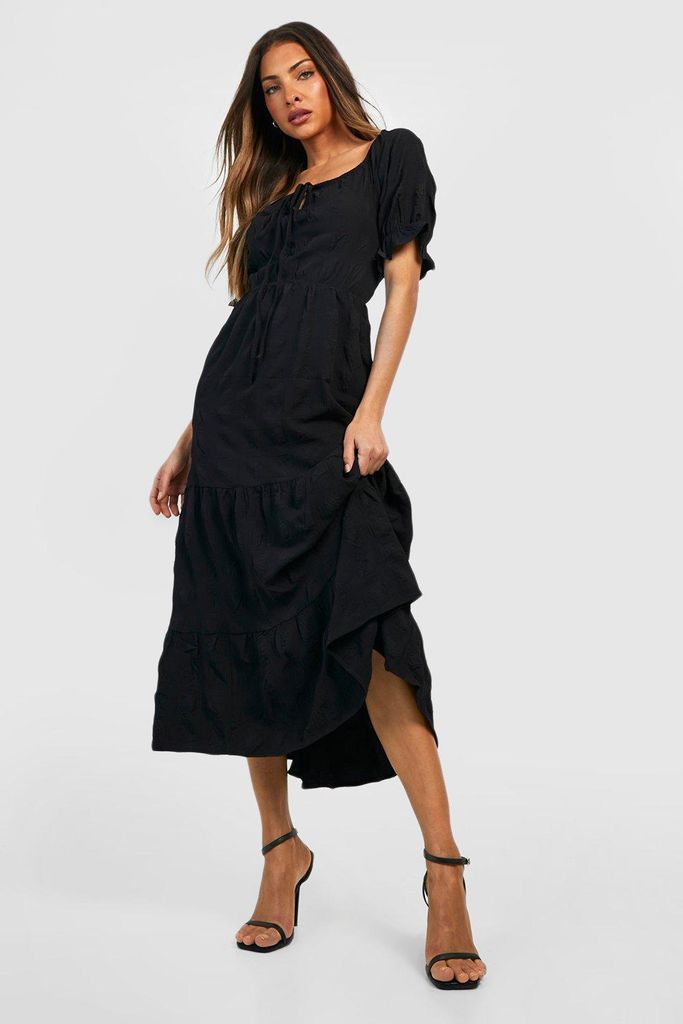 Womens Textured Tie Detail Midi Dress - Black - 8, Black