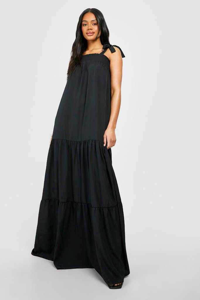 Womens Tie Detail Tiered Maxi Dress - Black - 8, Black