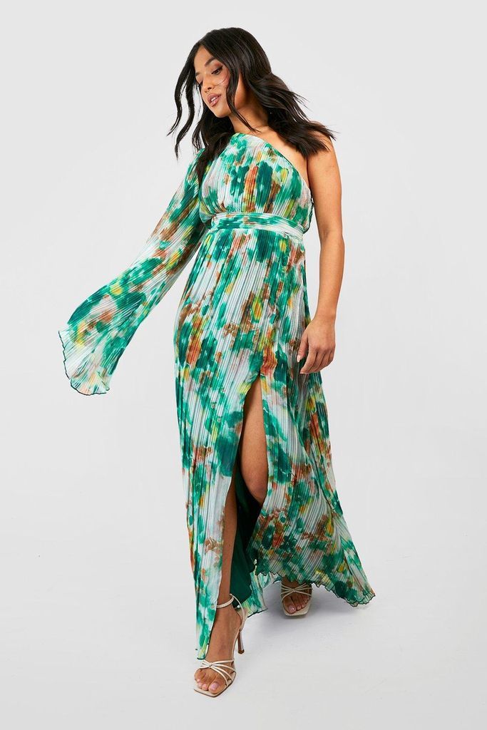 Womens Petite Extreme Sleeve Asymetric Floral Maxi Dress - Green - 4, Green