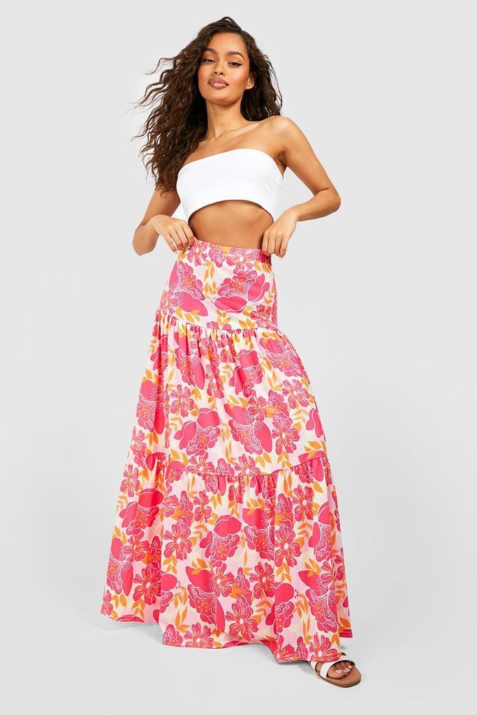 Womens Floral Tiered Maxi Skirt - Pink - 6, Pink